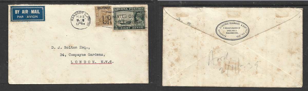Burma,  air mail, 14 annas,  RANGOON 25 OCT 1939 > Johannesburg