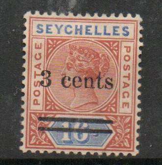 Seychelles, VRI, 1901, 3c on 16c, MH *, tone, remnant