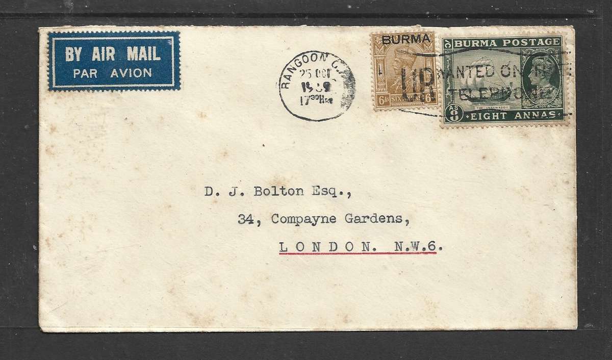 Burma,  air mail, 14 annas,  RANGOON 25 OCT 1939 > Johannesburg