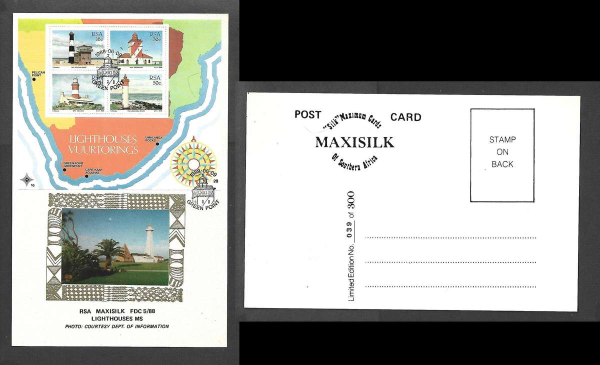 S Africa Lighthouses, min sheet, MaxiSilk No 039 /300, cancel GREEN POINT 1988-06-09