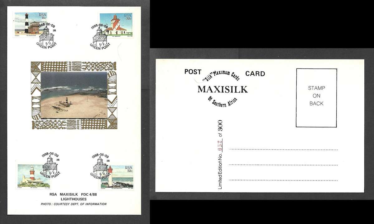 S Africa Lighthouses MaxiSilk No 052 /300, cancel GREEN POINT 1988-06-09