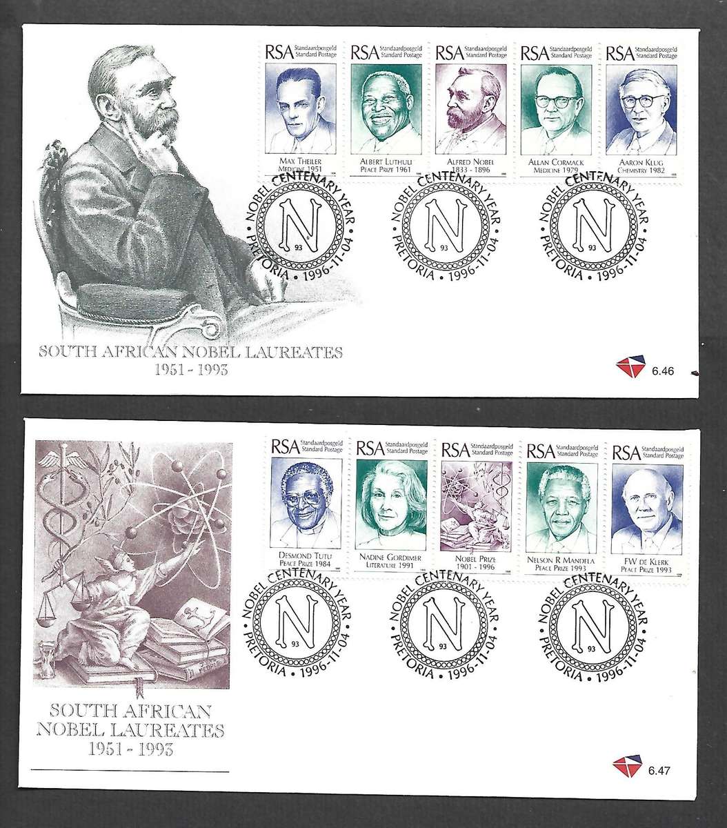 S African Nobel Laureates, 2 fdc, NOBEL CENTENARY YEAR,   c.d.s. PRETORIA . 1996-11-04