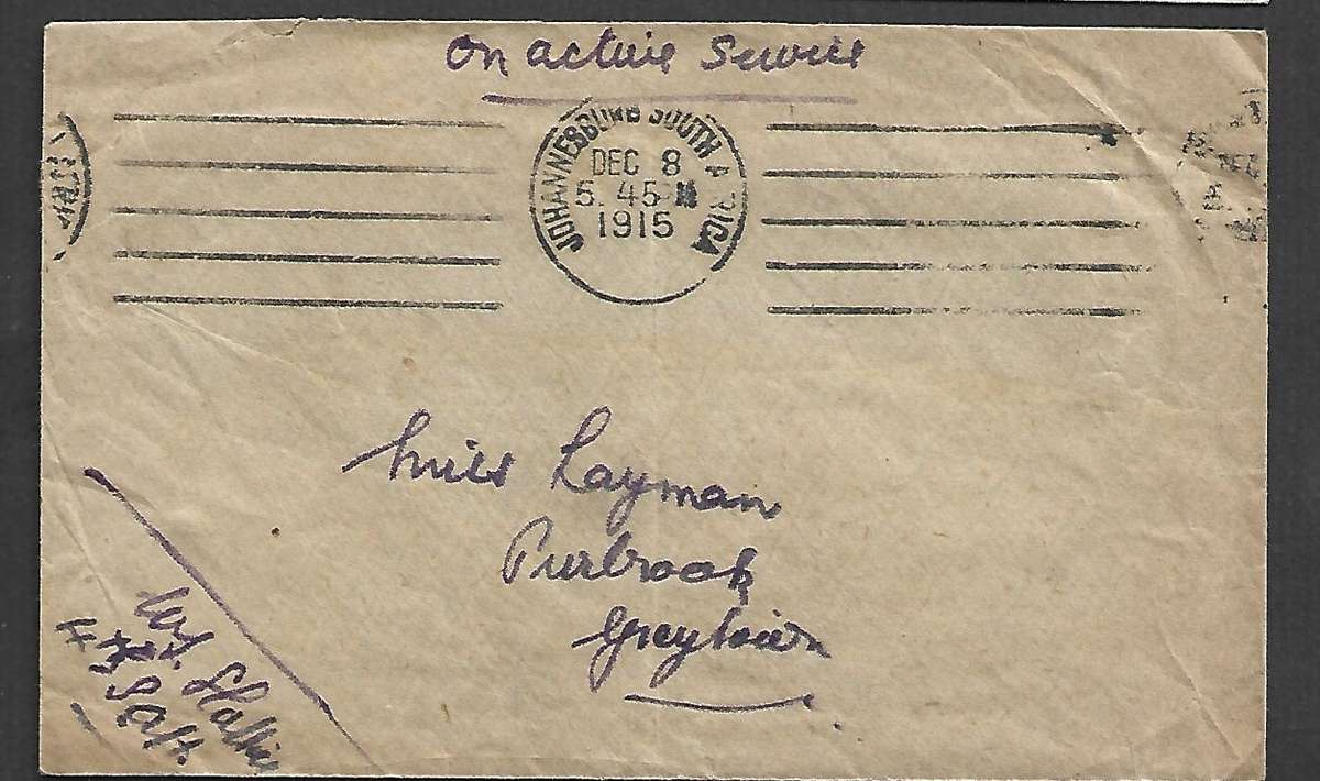 South Africa On Active Service, JOHANNESBURG SOUTH AFRICA DEC 8 1915 cds > Geryfriars