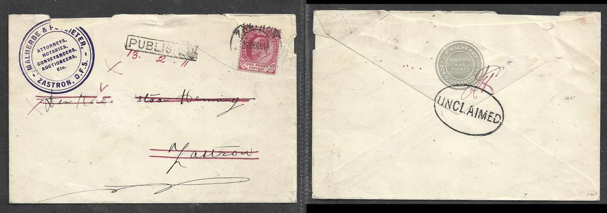 S. Africa, inter-provincial, CoGH 1d used in ORC, ZASTRON 22DEC 10 cds, UNCLAIMED, PUBLISHED 13.2.11