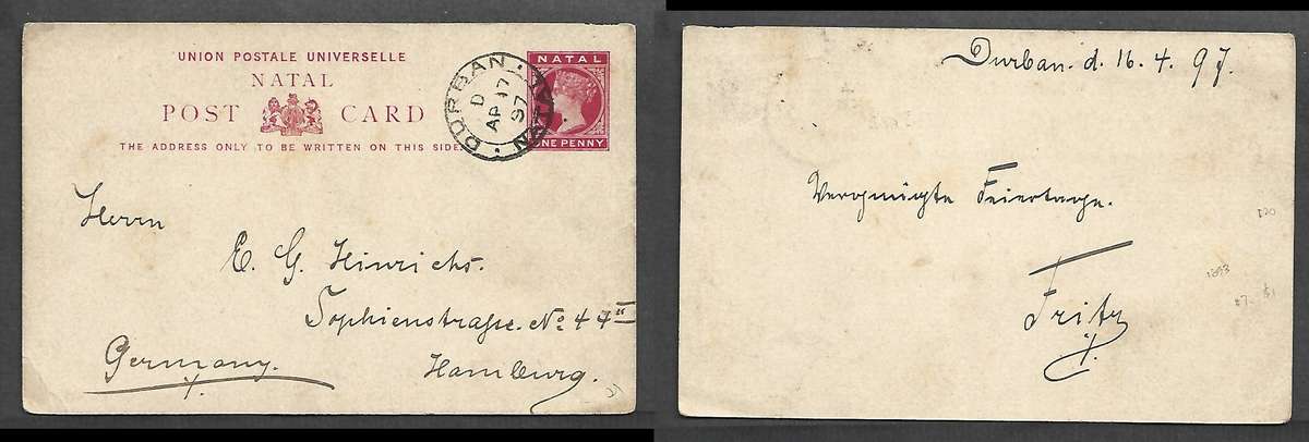 Natal VRI 1d post card of 1893, used DURBAN  NATAL AP 17 97 cds > Germany