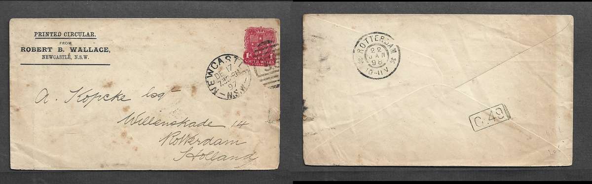 Australia New South Wales, 1d stationery envelope, duplex NEWCASTLE DE 17 97 & 55> ROTTERDAM