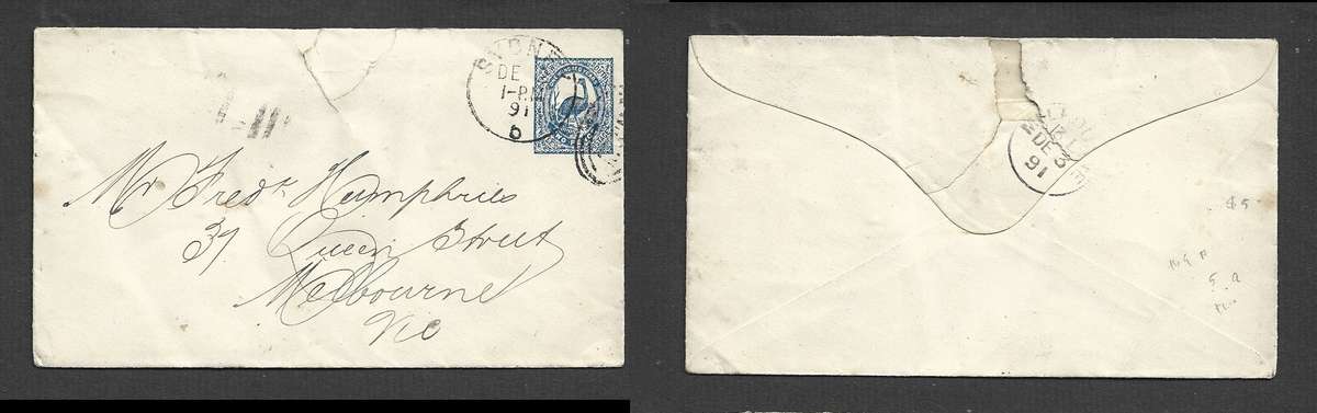 Australia New South Wales, 2d stationery envelope, duplex SYDNEY DE 2 91 & NSW> MELBOURNE