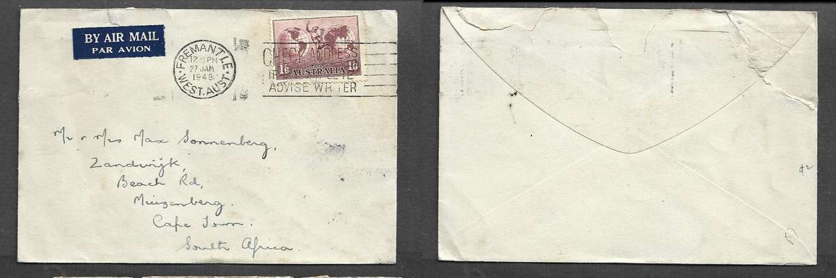 Australia 1'6 air mail FREEMANTLE WEST AUSTRALIA 27 JAN 1948 &CHECK ADDRESS slogan> S.Africa
