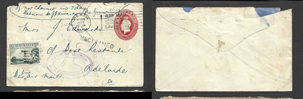 Australia 1st Air mail Perth > Adelaide PERTH 4 JUN 1929 + slogan > DELIVERY WINDOW G.P.O.ADELAIDE