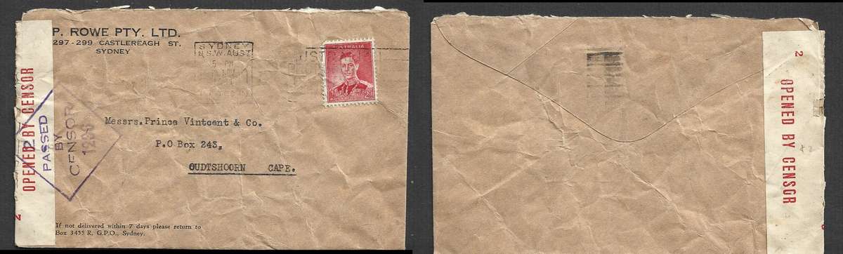 Australia 2d, SYDNEY 18 NO 1941 > S.Africa, OPENED BY CENSOR tape, PASSED BY CENSOR 1236 violet h/s