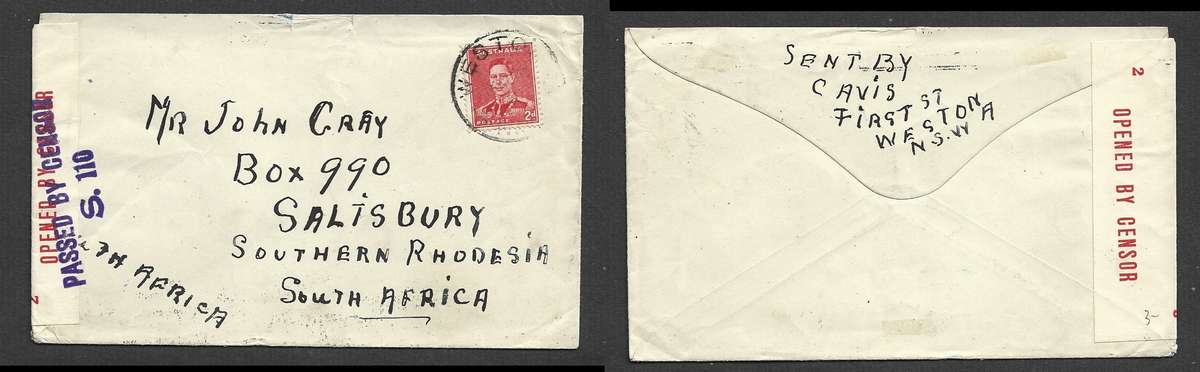 Australia 2d WESTON 14 NO 1941 > Rhodesia, OPENED BY CENSOR tape, PASSED BY CENSOR S.110 violet h/s