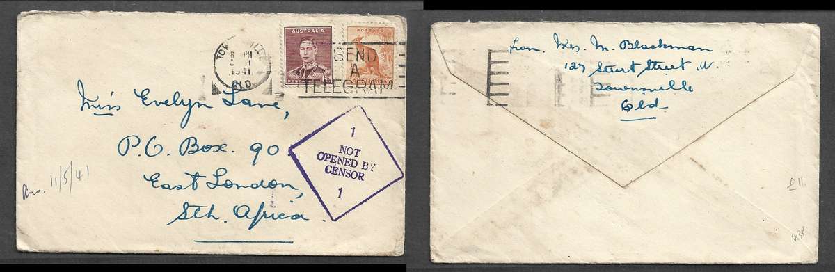 Australia 2d, TOWNSVILLE QLD ???? 1941> S.Africa  NOT OPENED BY CENSOR, violet hand stamp