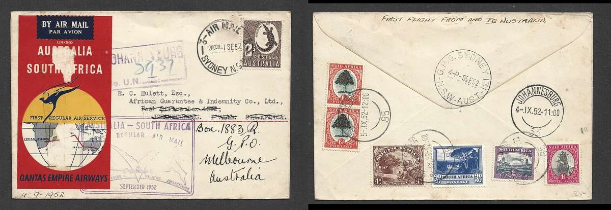 Australia, 1st Flight,  1 SE 52 cds > S. Africa, return flight JOHANNESBURG 5 IX.53 > Australia
