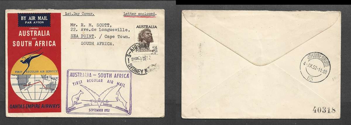 Australia, 1st Flight, 2'6d,  3 AIR MAIL  SYDNEY NSW 1 SE 52cds > JOHANNESBURG 4. IX.52 arrival
