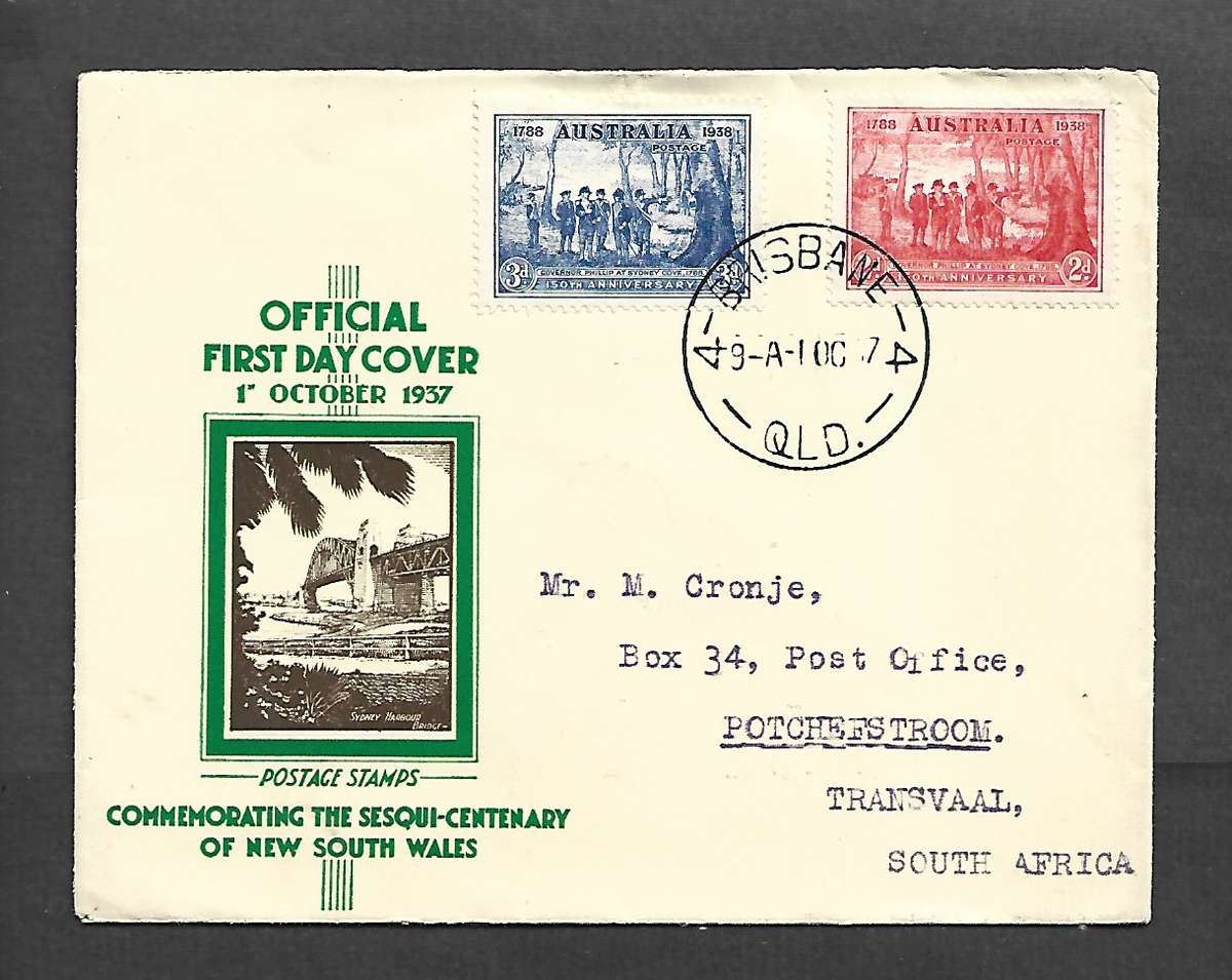 Australia Sesqui-Centenary of NSW,3d, 2d, 1st day, BRISBANE QLD. 1 OC 37, cds > S. Africa