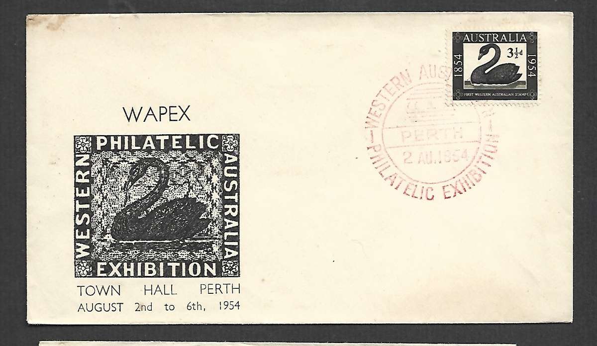 WAPEX 1954, 3 1/2d, FDC,  WESTERN AUSTRALIA PHILATELIC  EXHIBITION PERTH 2 AU 1954, special cds