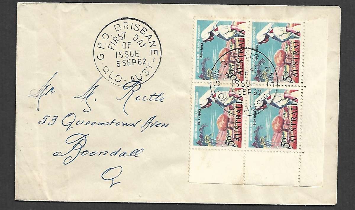Australian Inland Mission 1912 - 1962, 5d x4, G.P.O.BRISBANE QLD AUST 5 SEP 62cds, LUWYCHE arrival