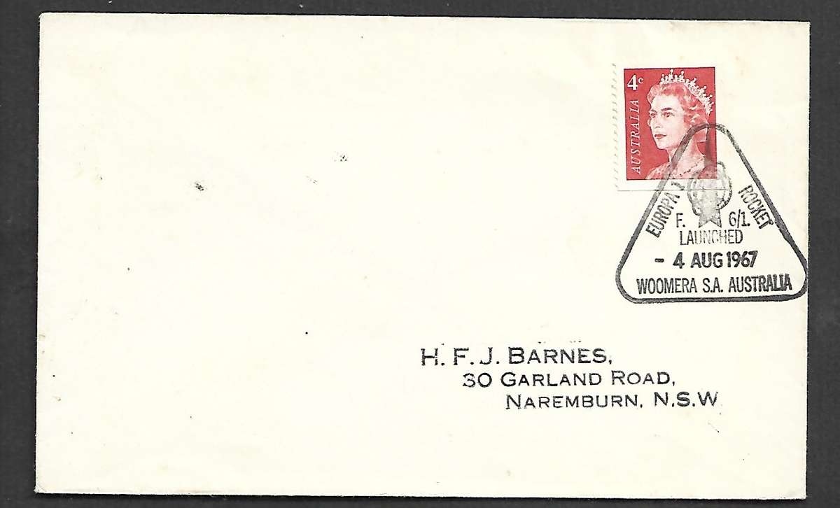 Australia EUROPA 1 ROCKET LAUNCHED 4 AUG 1967 WOOMERA SA AUSTRALIA, commemorative cancel