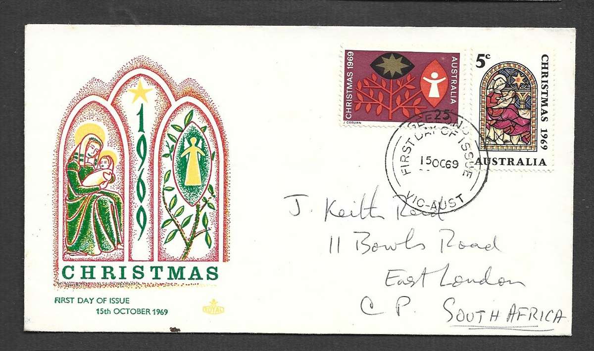 Australia Christmas 1969, GEELONG VIV AUST FIRST DAY OF ISSUE 15 OC 69 cds > S. Africa
