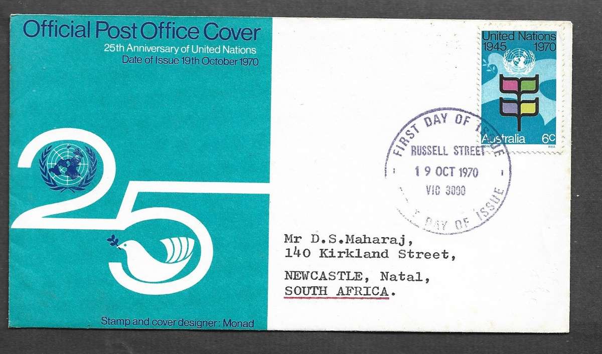 Australia United Nations 25th Anniversary 6c, FIRST DAY OF ISSUE RUSSELL STREET VIC 3000 19 0CT 1970