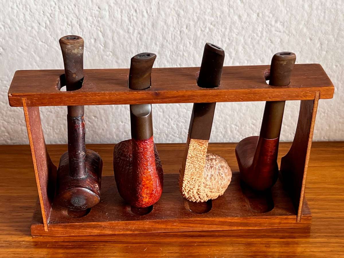 Vintage Smoking Pipe Collection  Set of 4 with Wooden Display Stand