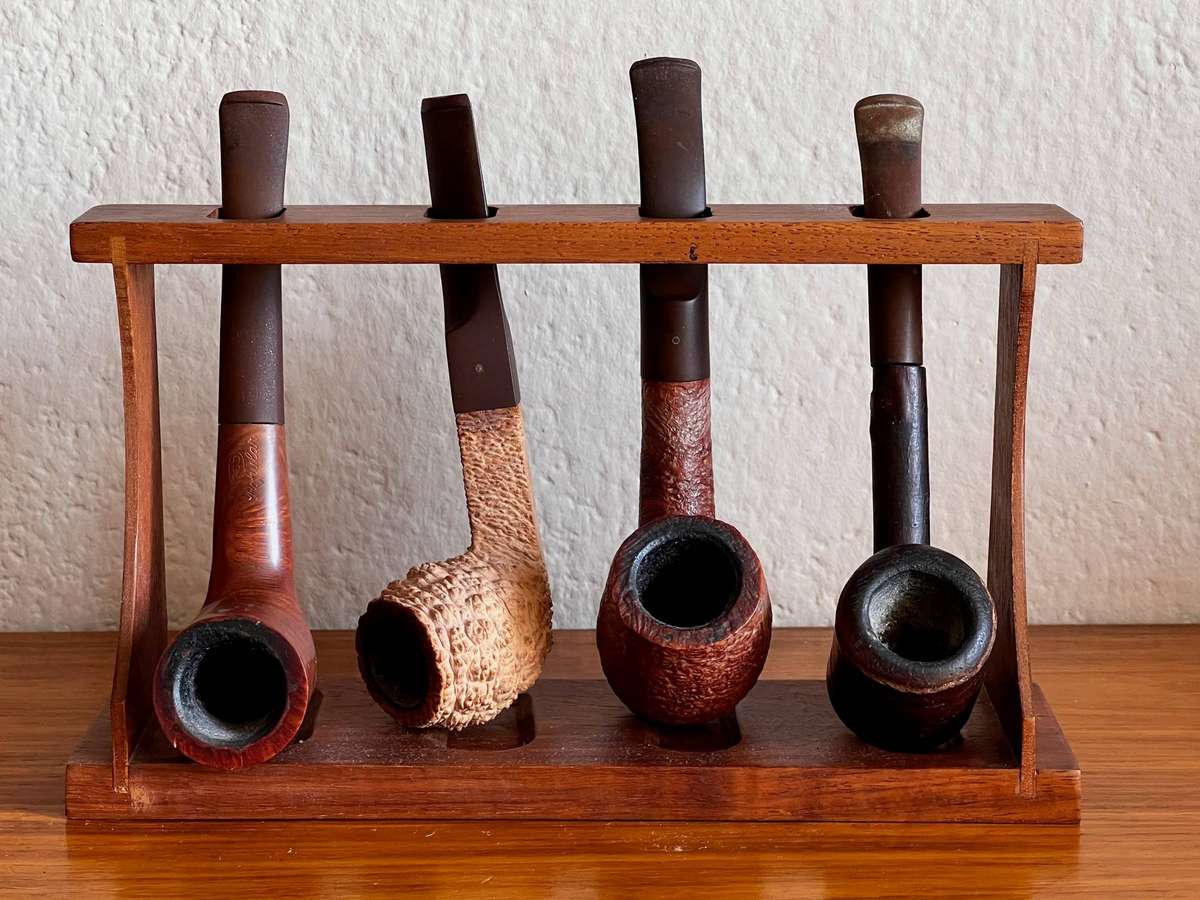Vintage Smoking Pipe Collection  Set of 4 with Wooden Display Stand