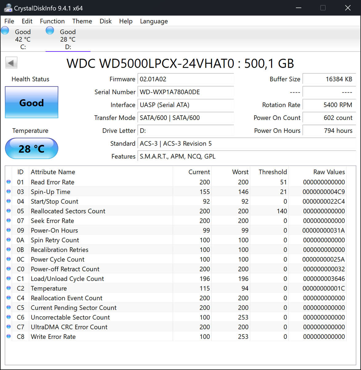Western Digital 500GB SATA Hard Drive - GOOD HEALTH