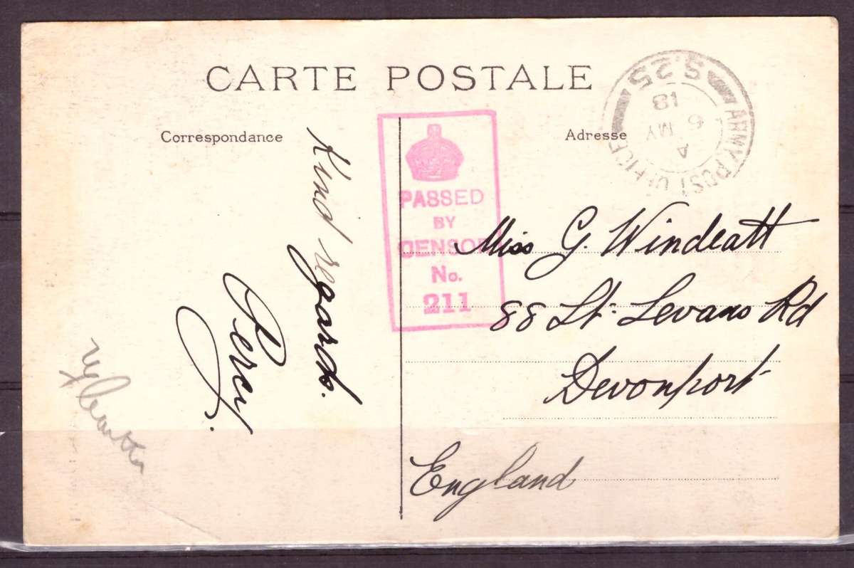 Post Cart from IWW {France} . ARMY POST OFFICE and CENSOR