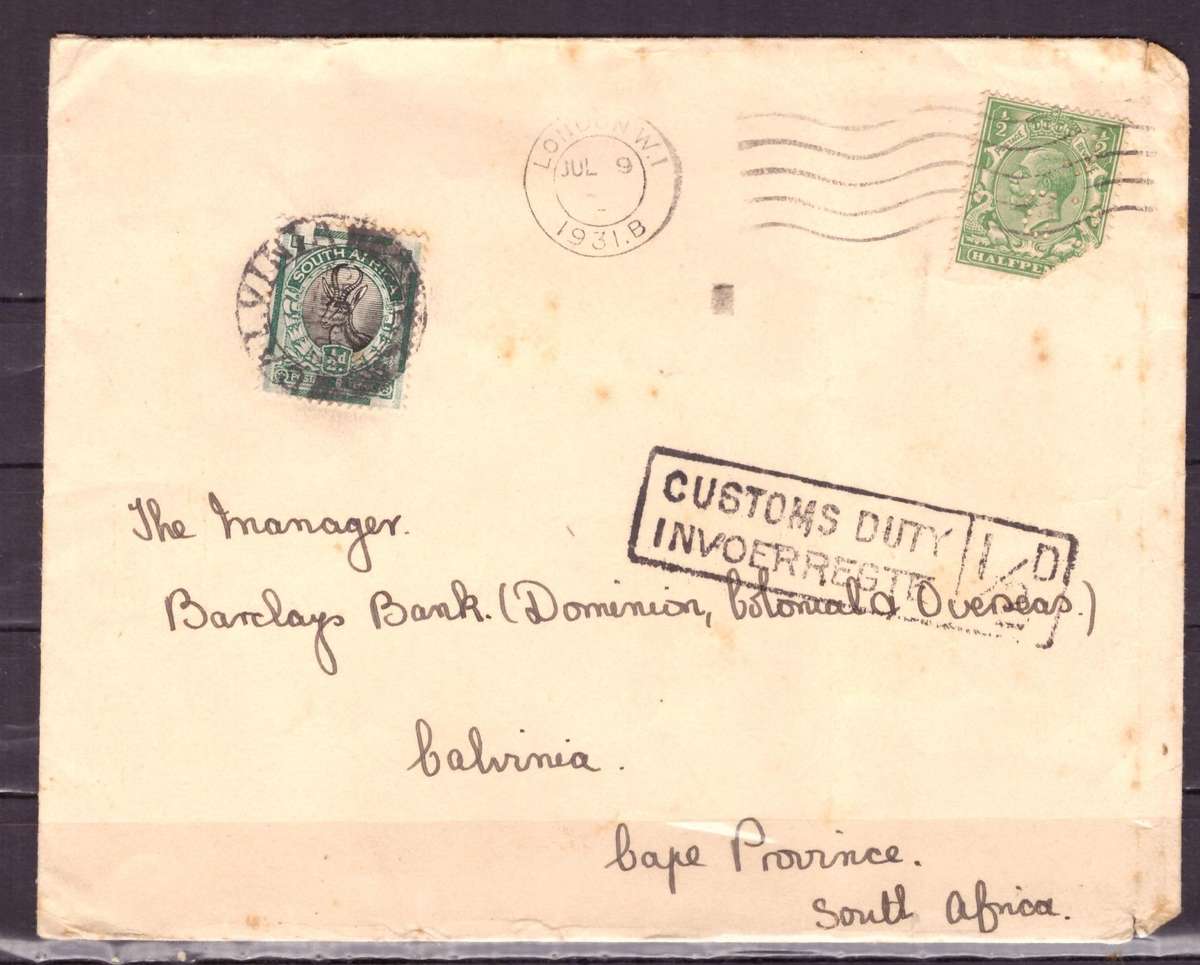 UNION of South AFRICA. From GB to SA , TAX. Cover.