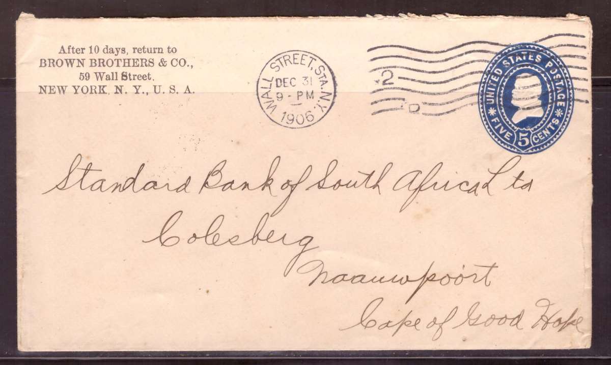 USA 1906 Cover from Wall- Street N.Y. to Colesberg.  COGH.