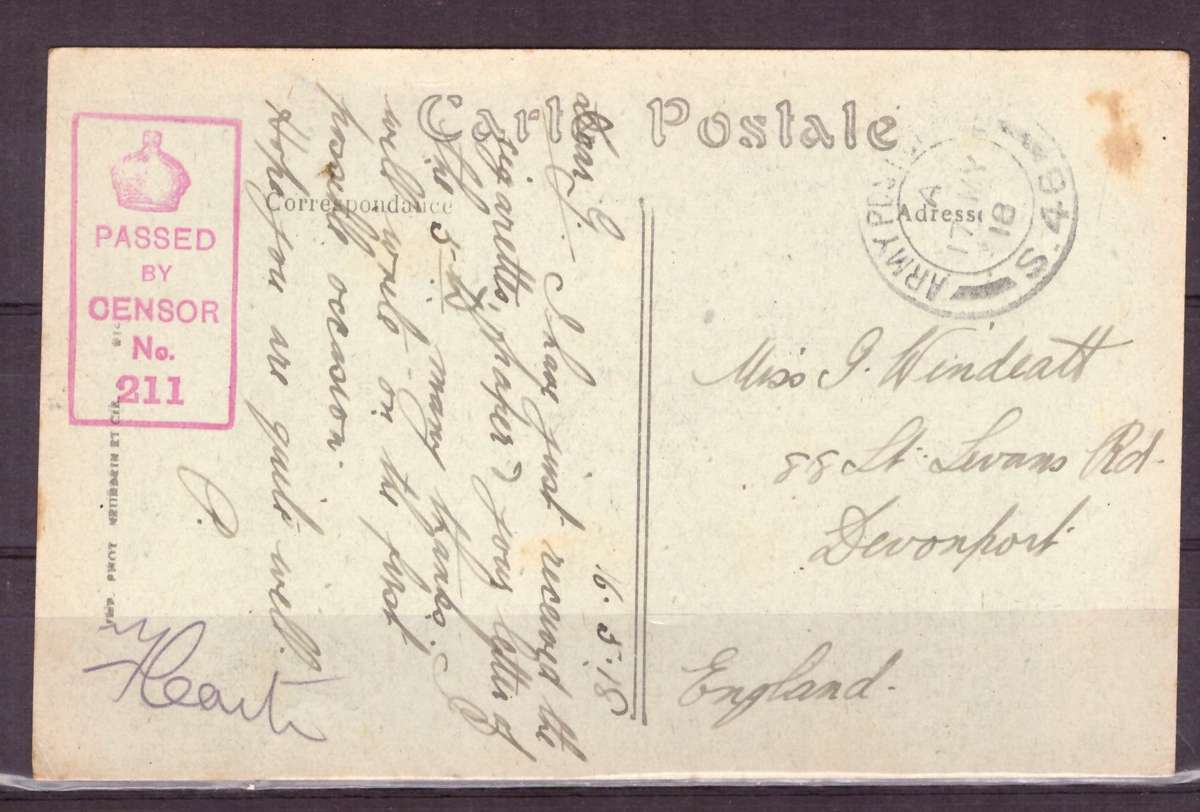 Post Cart from IWW {France} . ARMY POST OFFICE and CENSOR