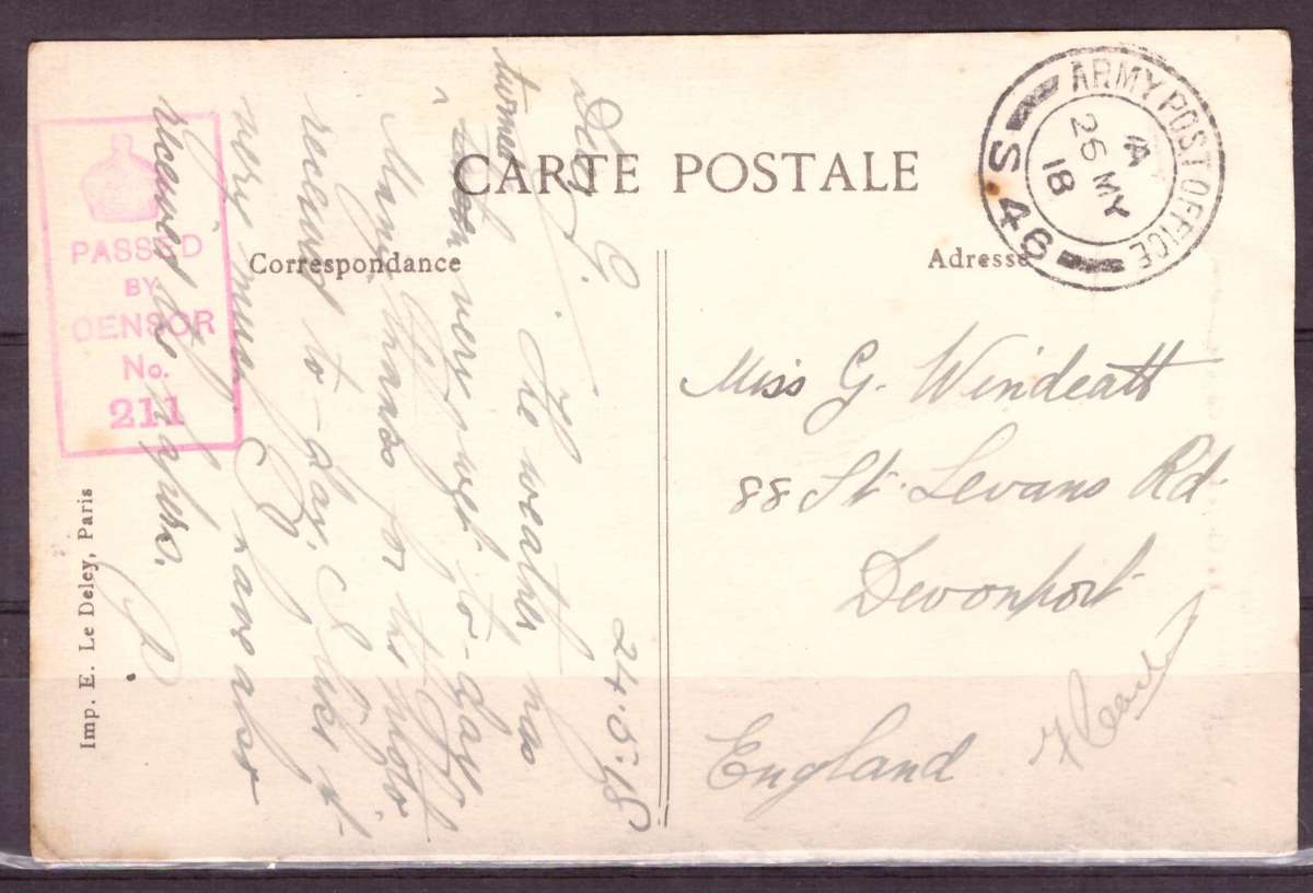 Post Cart from IWW {France} . ARMY POST OFFICE and CENSOR