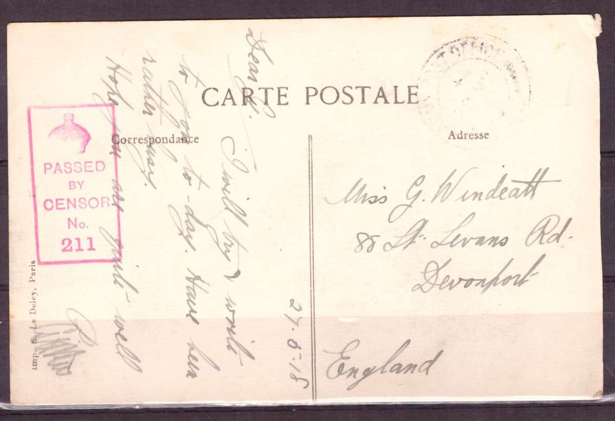 Post Cart from IWW {France} . ARMY POST OFFICE and CENSOR