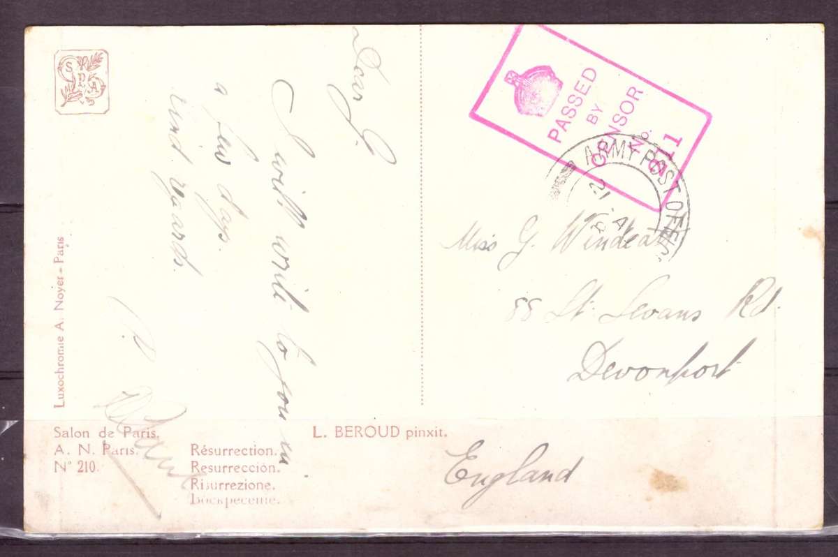 Post Cart from IWW {France} . ARMY POST OFFICE and CENSOR