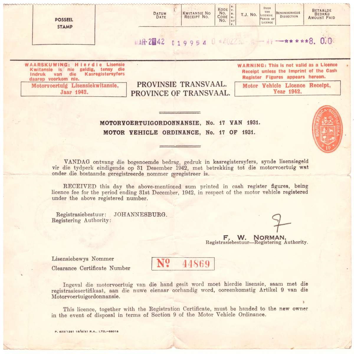 UNION of South AFRICA. Transvaal Vehicle Licence. Mixt condition.