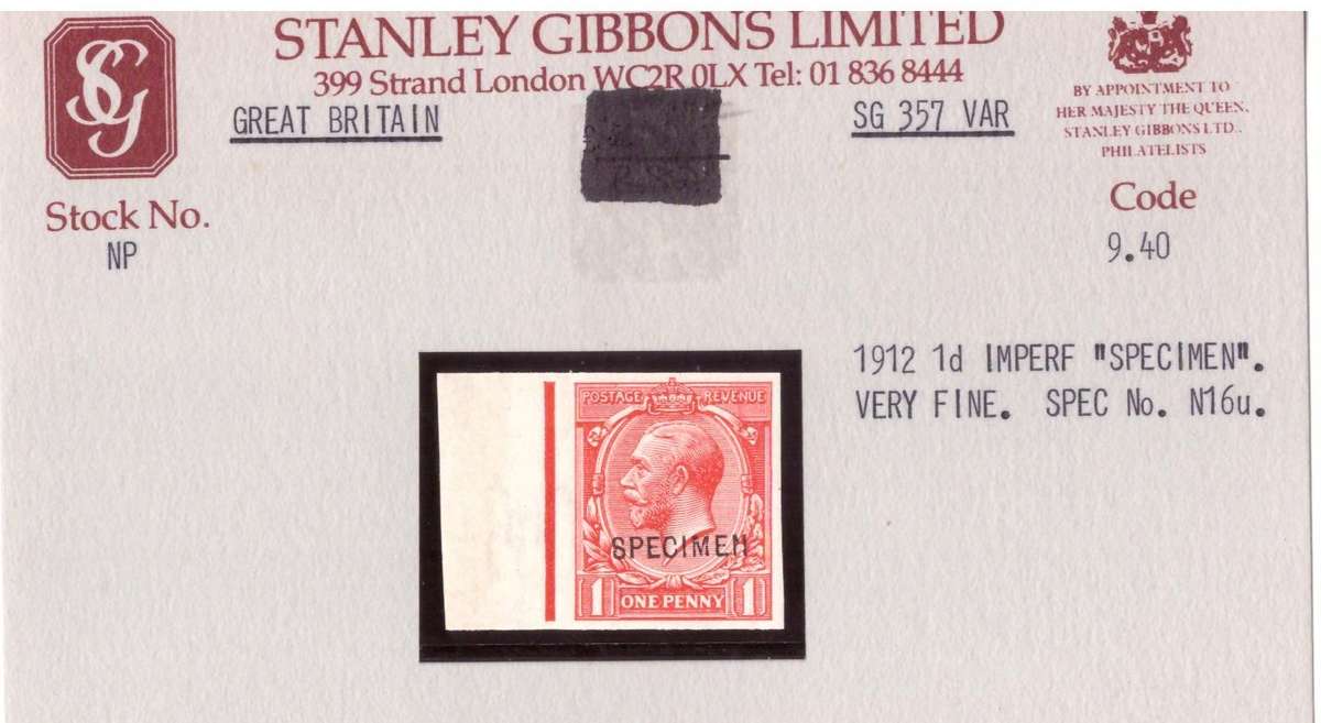Great Britain. SG #357 VAR. 19012  1d imperf 'SPECIMEN' MNH.