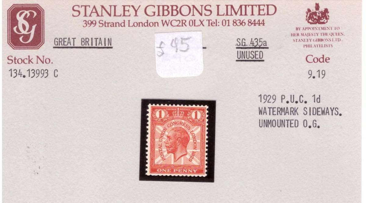Great Britain. 1929  PUC  1d watermark sideways. MNH.