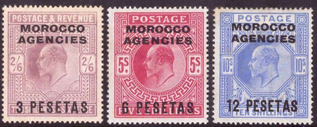 Great Britain. 1907 S.G. #121,122,123  Morocco Agencies MH.