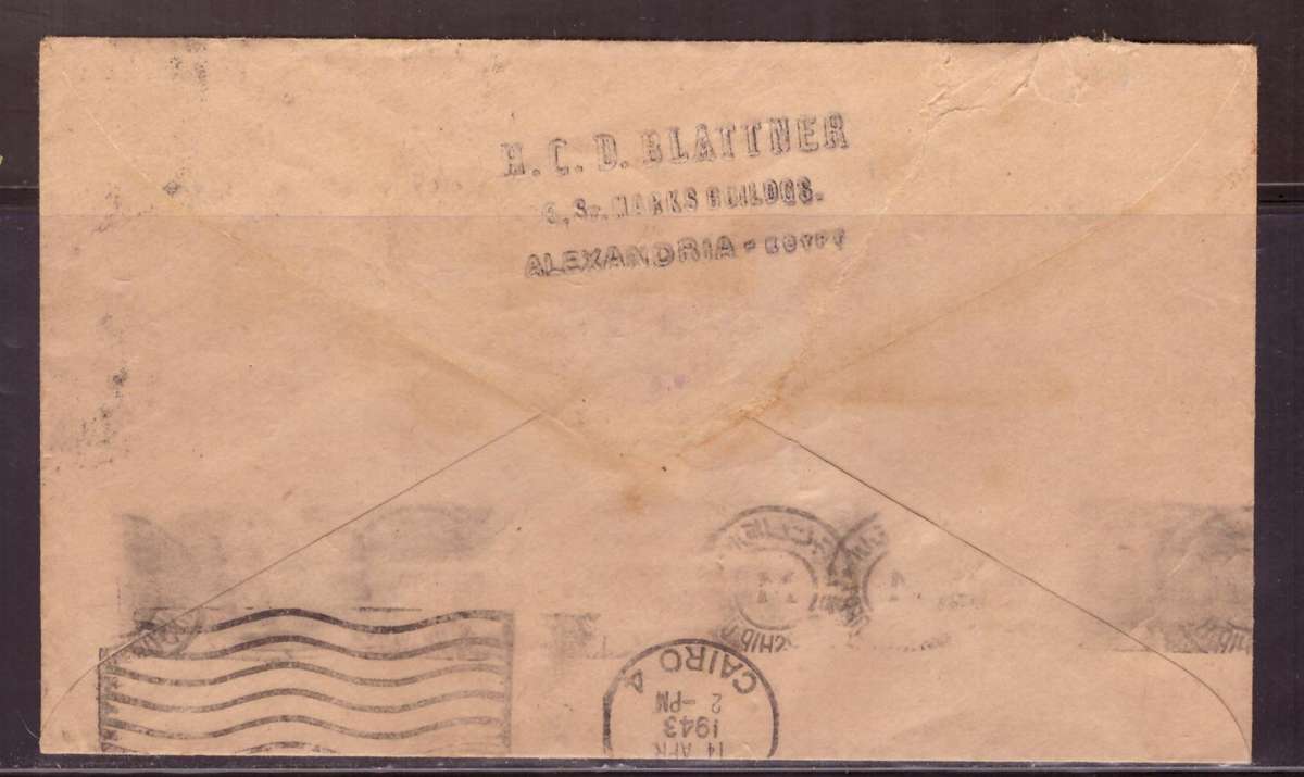 Egypt . Cover 1943 from Alexandria too Durban .Nice dabel Censor. small demage.