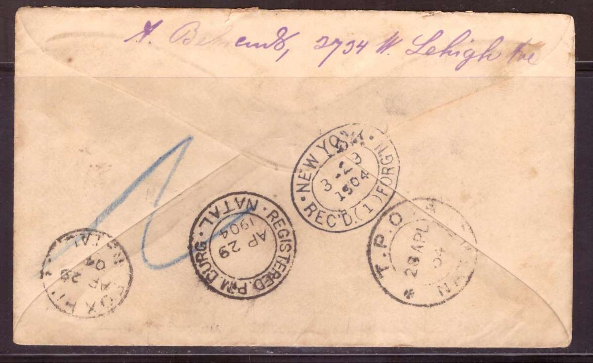 USA 1904 Cover from New York too  FOX HILL  Natal.