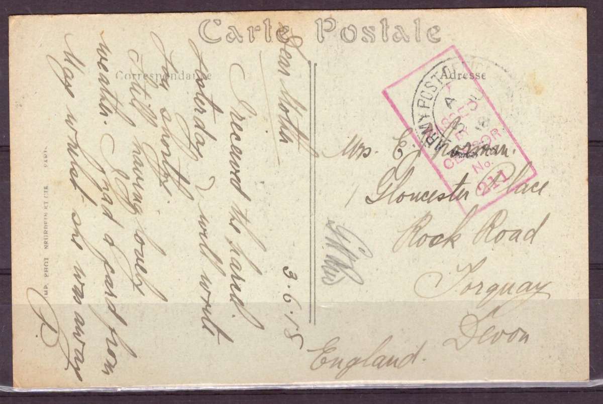 Post Cart from IWW {France} . ARMY POST OFFICE and CENSOR