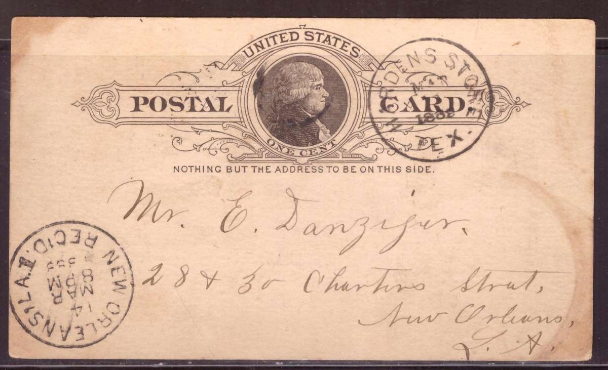 USA Post cart 1889  from  Hardensstore  Tex. too New Orleans