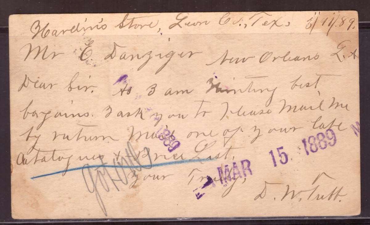 USA Post cart 1889  from  Hardensstore  Tex. too New Orleans