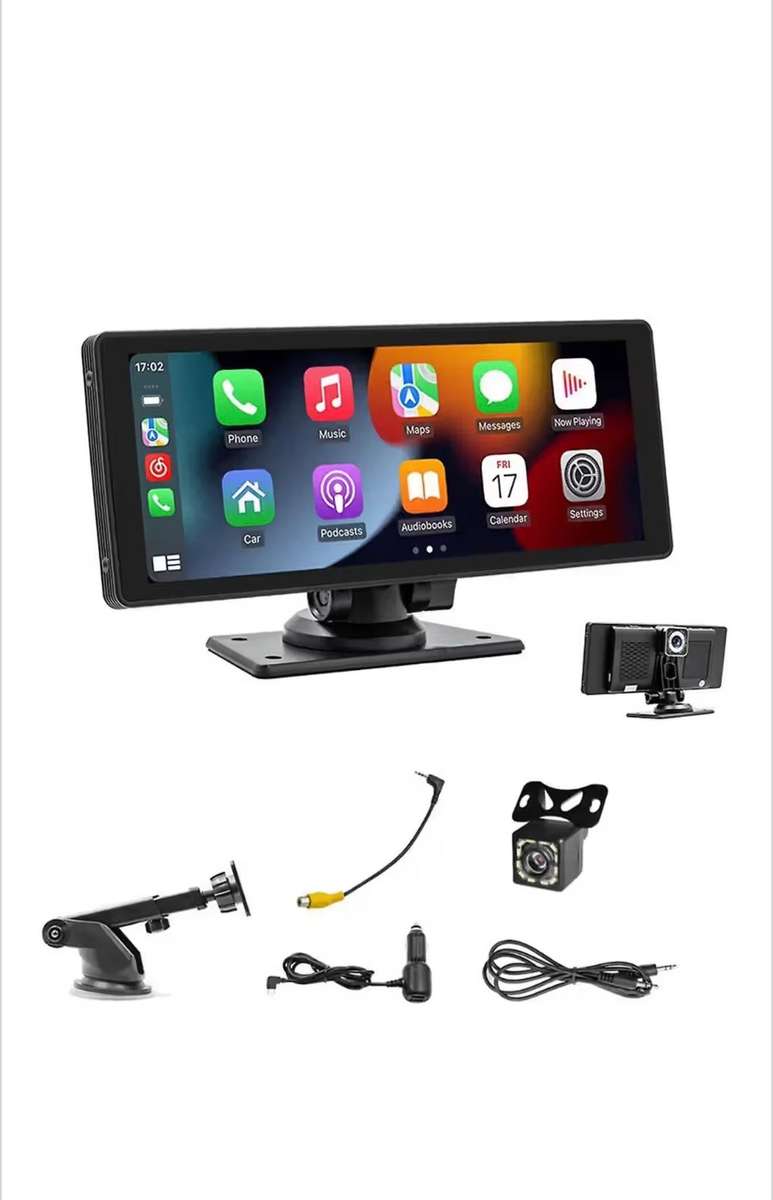 Portable Wireless Carplay Car Stereo with Dash Cam - 10.26In HD IPS Screen, Android Auto, 1080P Back