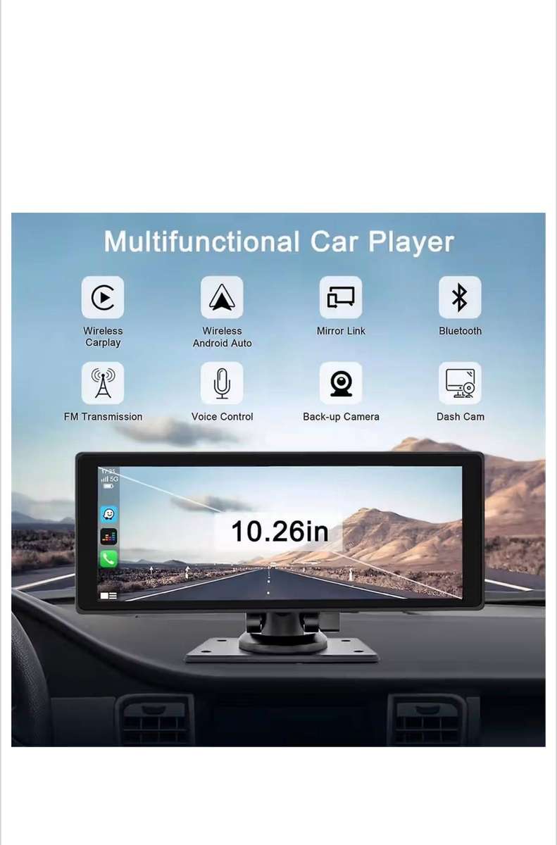 Portable Wireless Carplay Car Stereo with Dash Cam - 10.26In HD IPS Screen, Android Auto, 1080P Back