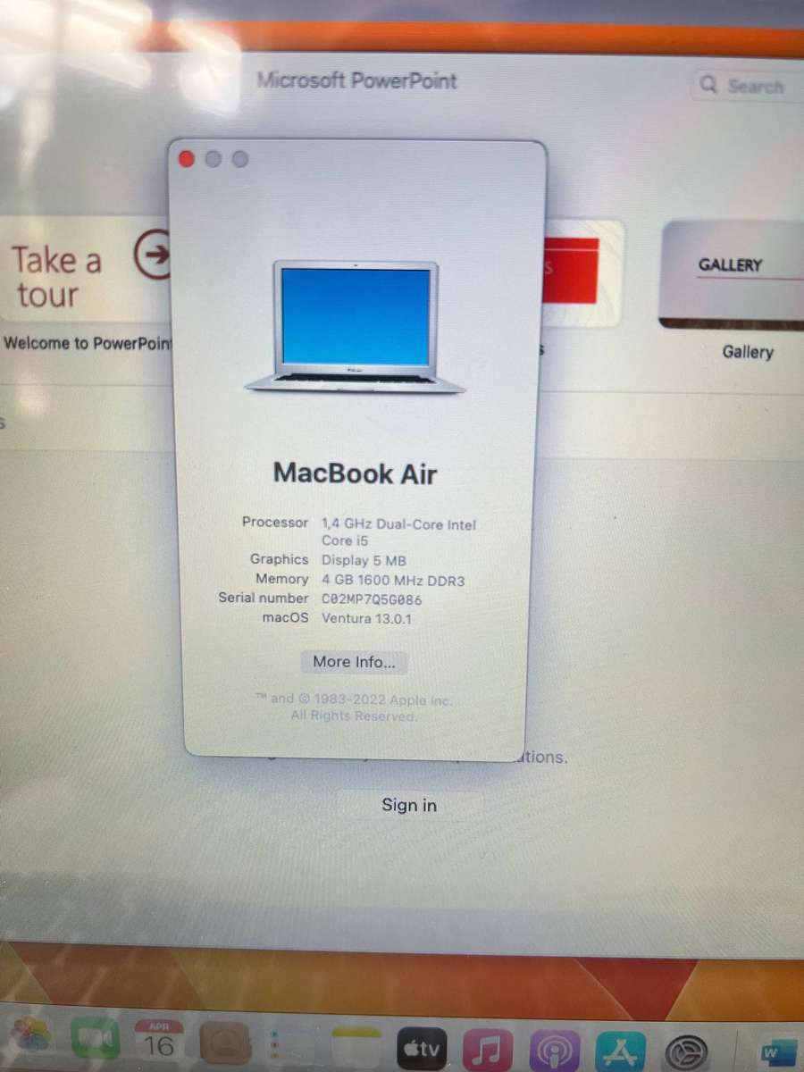 MacBook Air Model A1466 Intel Core i5 4GB RAM 256GB SSD Mac OS Ventura
