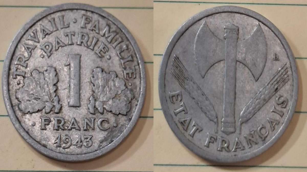 1943 - France - 1 Franc - Vichy French State - Demonetised Feb 2005 - Aluminium