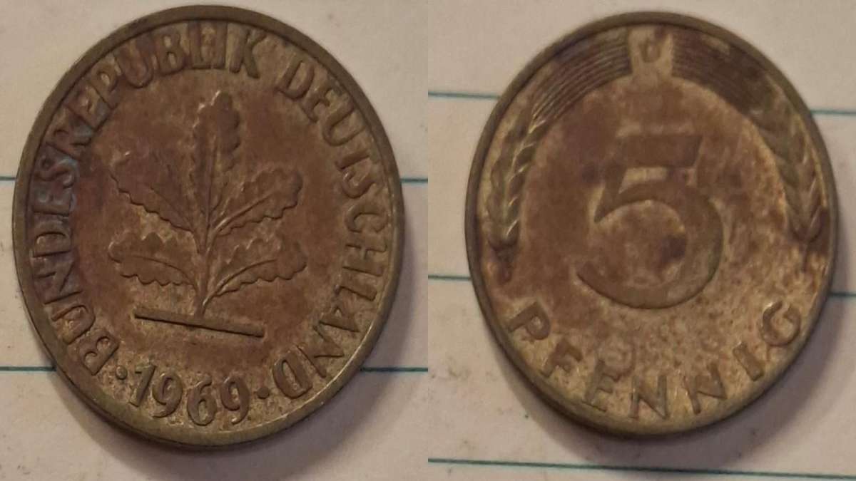 1969 D - Germany - 5 Pfennig - Oak seedling - Demonetised Dec 2001 - Brass clad steel 