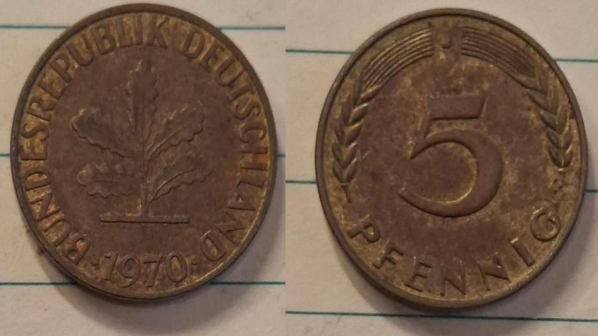 1970 J - Germany - 5 Pfennig - Oak seedling - Demonetised Dec 2001 - Brass clad steel 