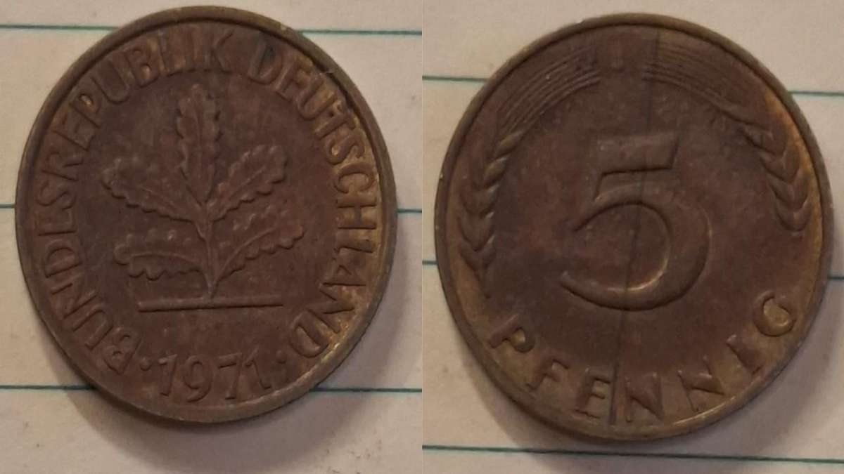 1971 J - Germany - 5 Pfennig - Oak seedling - Demonetised Dec 2001 - Brass clad steel 